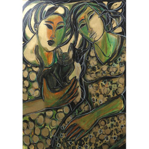 Golden green lady with a kitten